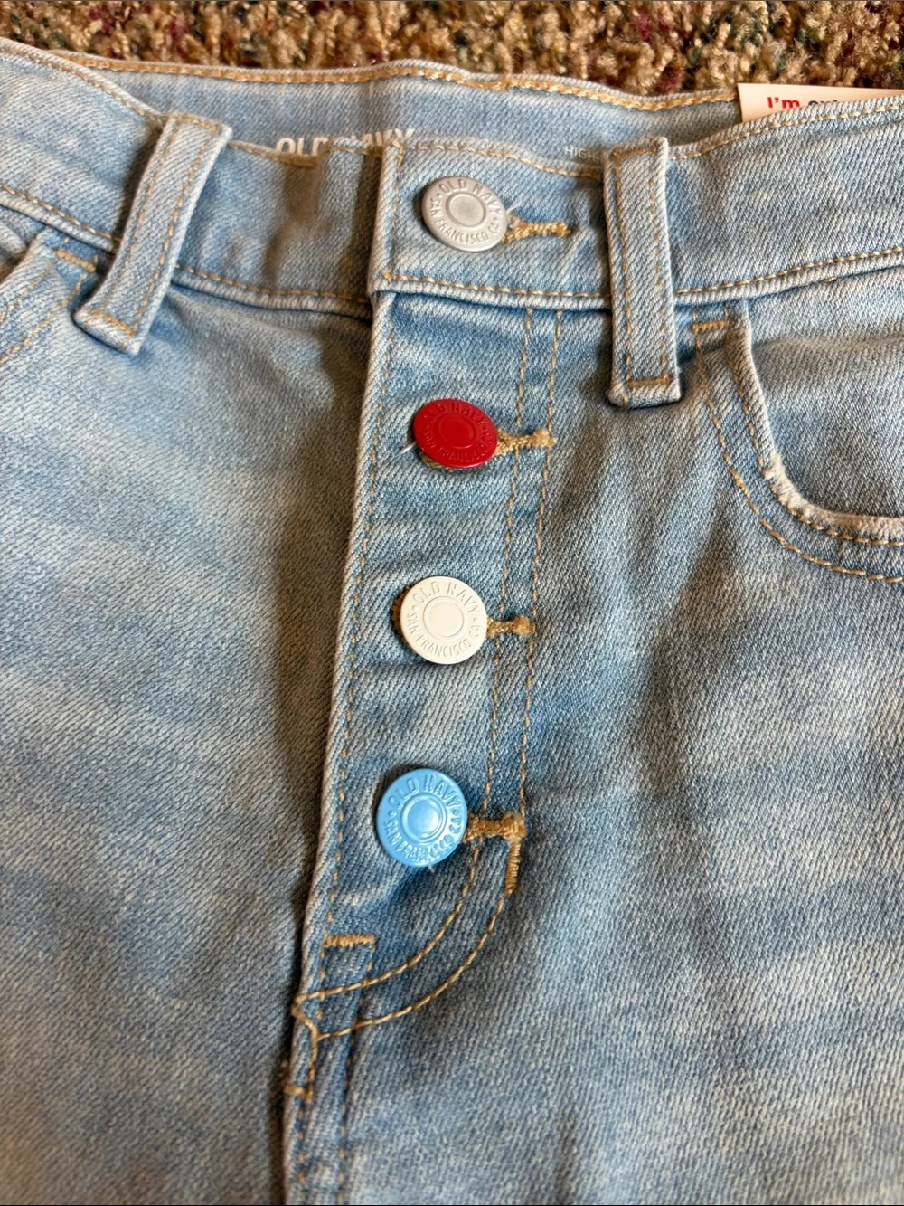 Old Navy Light Blue Denim Shorts with Red, White & Blue Buttons